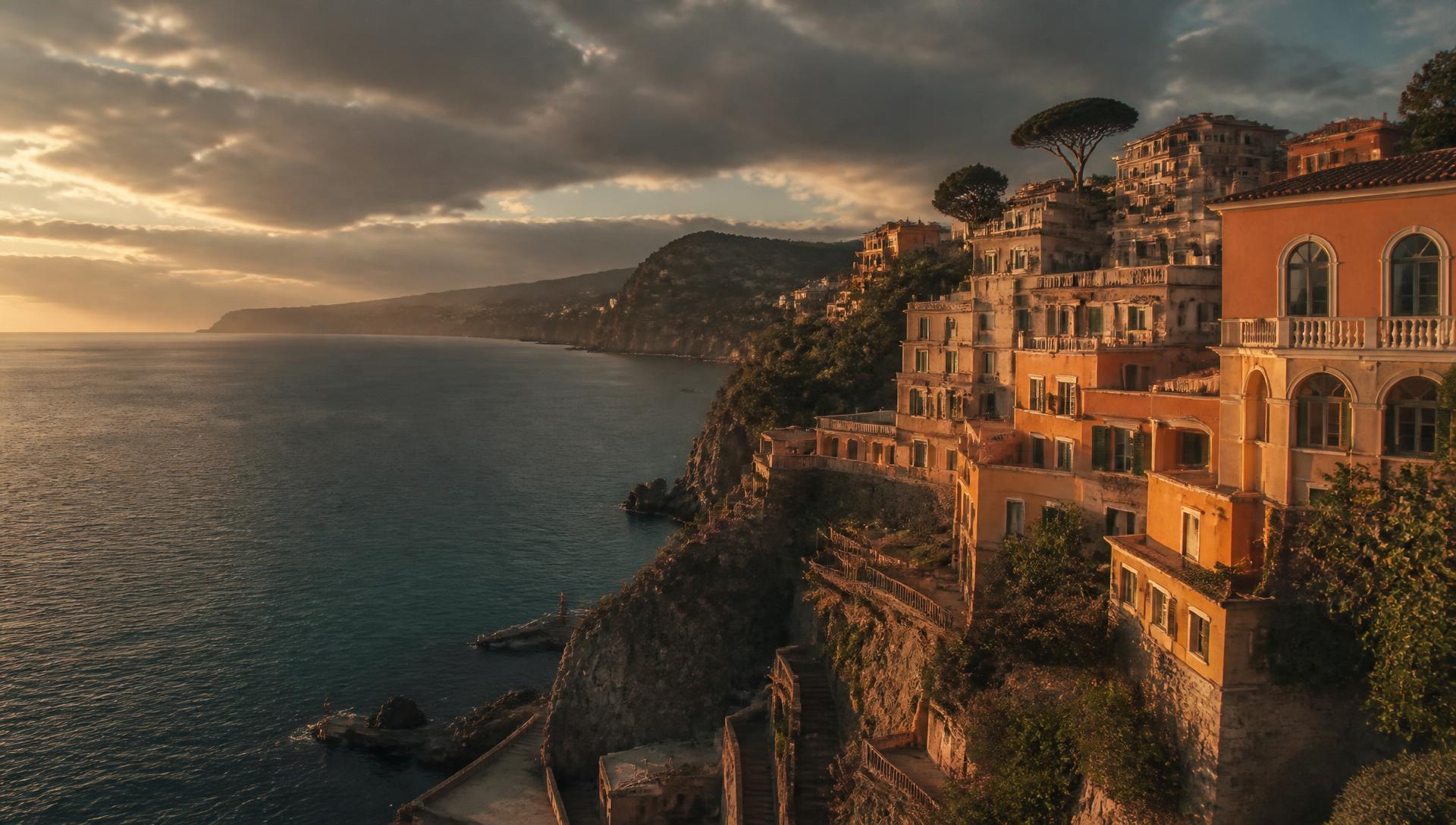 Sun-kissed coastal town at golden hour